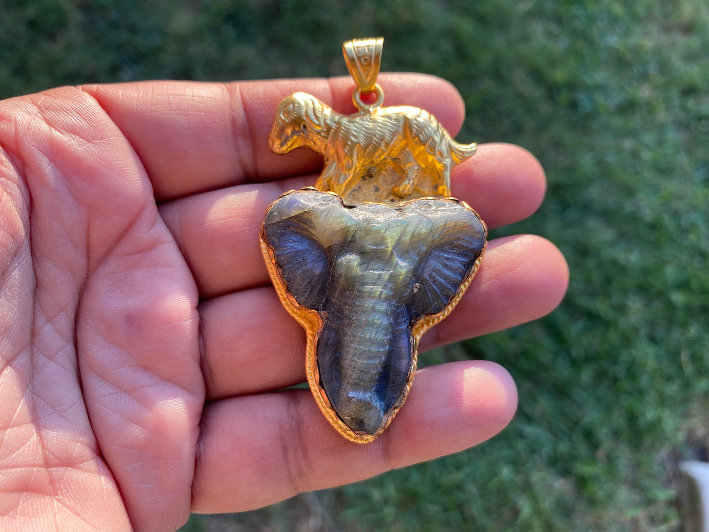 Handcrafted Elephant Head Labradorite Pendant, Non Tarnish Brushed Gold Overlay, Elephant Pendant, Animal Pendant, Unique Carving Jewelry