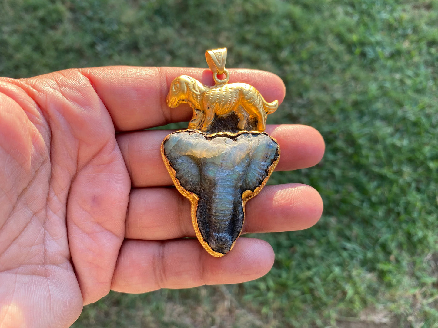Handcrafted Elephant Head Labradorite Pendant, Non Tarnish Brushed Gold Overlay, Elephant Pendant, Animal Pendant, Unique Carving Jewelry