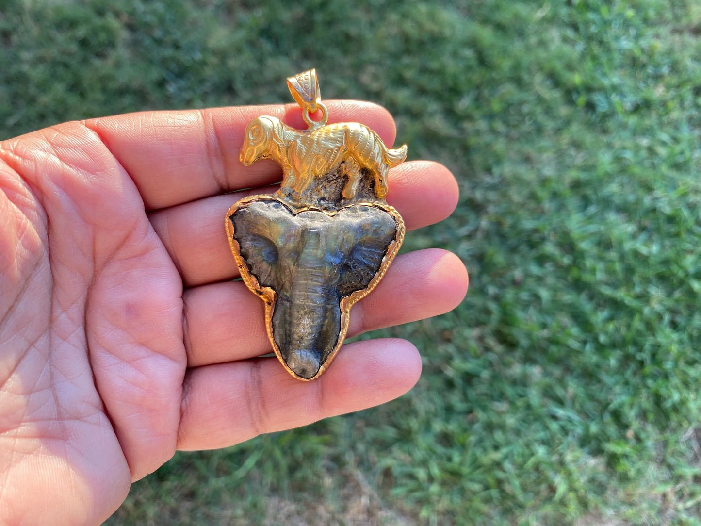 Handcrafted Elephant Head Labradorite Pendant, Non Tarnish Brushed Gold Overlay, Elephant Pendant, Animal Pendant, Unique Carving Jewelry