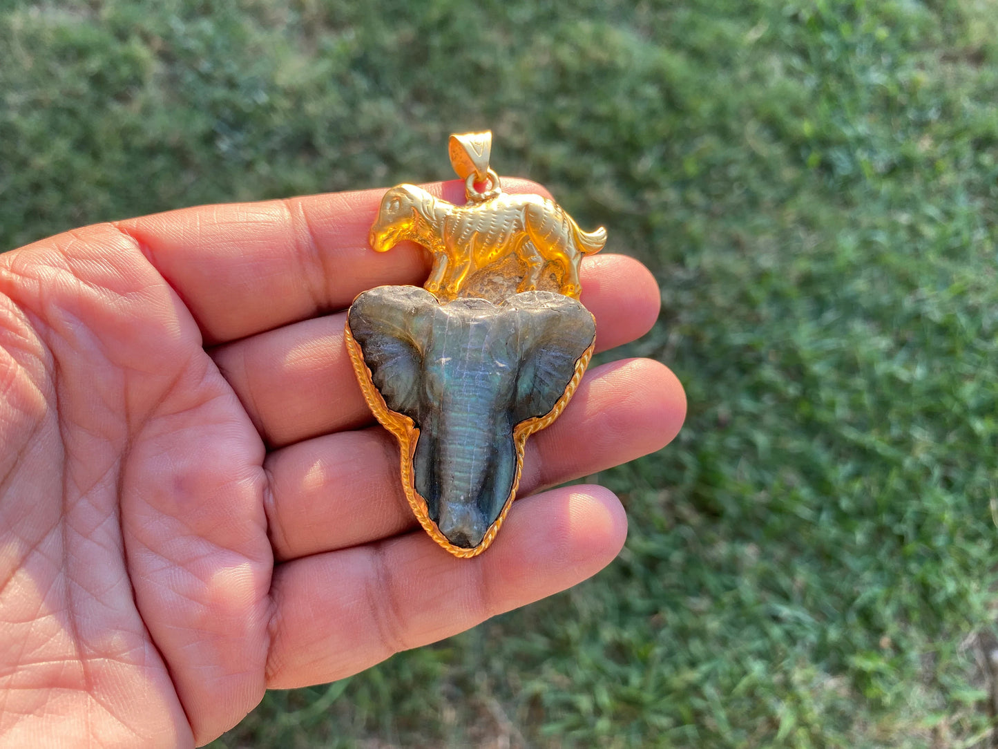 Handcrafted Elephant Head Labradorite Pendant, Non Tarnish Brushed Gold Overlay, Elephant Pendant, Animal Pendant, Unique Carving Jewelry