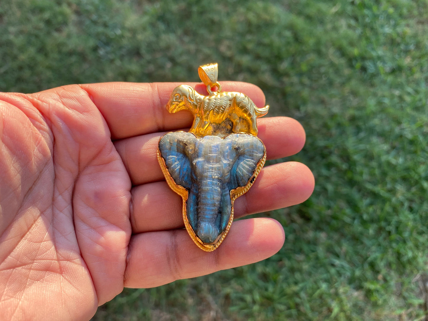 Handcrafted Elephant Head Labradorite Pendant, Non Tarnish Brushed Gold Overlay, Elephant Pendant, Animal Pendant, Unique Carving Jewelry