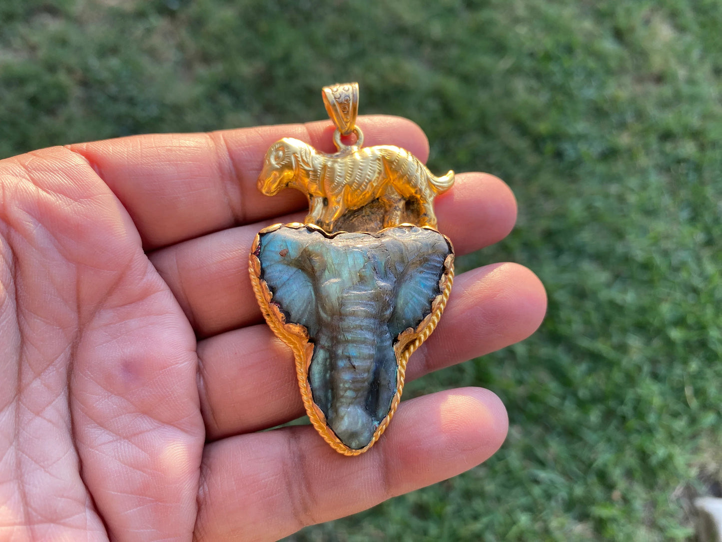 Handcrafted Elephant Head Labradorite Pendant, Non Tarnish Brushed Gold Overlay, Elephant Pendant, Animal Pendant, Unique Carving Jewelry
