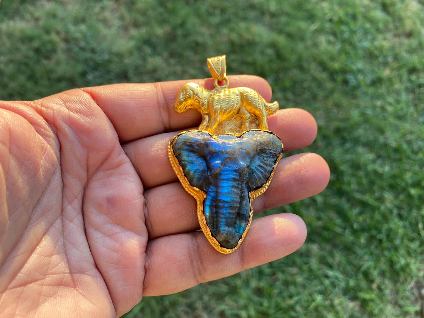 Handcrafted Elephant Head Labradorite Pendant, Non Tarnish Brushed Gold Overlay, Elephant Pendant, Animal Pendant, Unique Carving Jewelry
