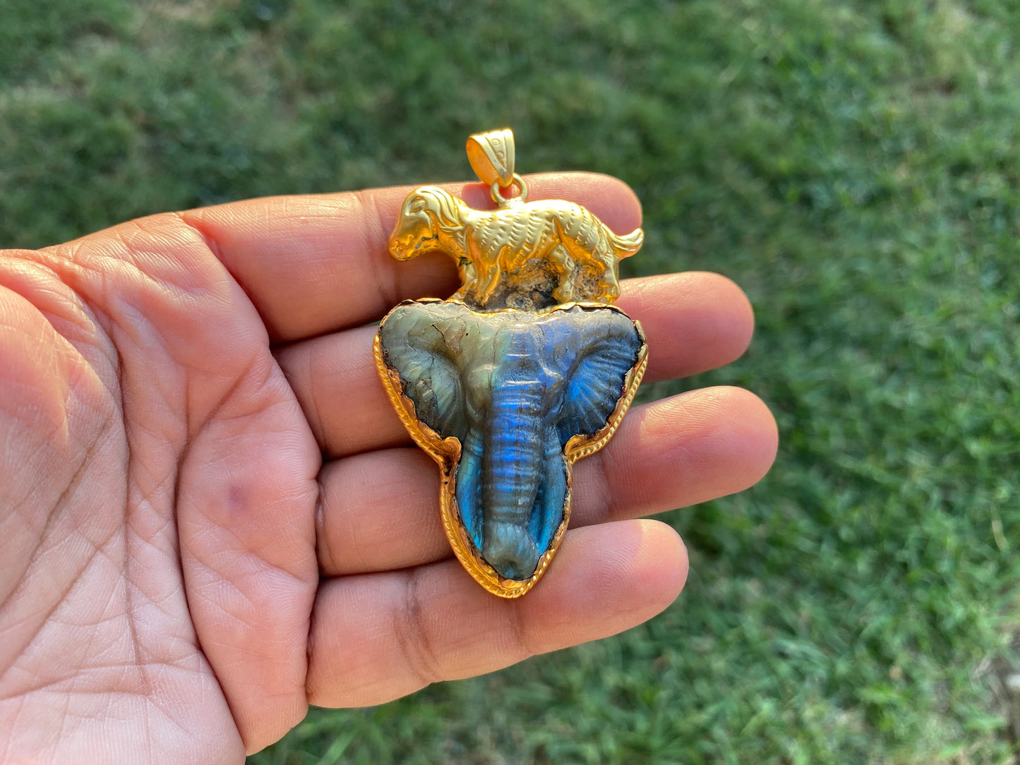 Handcrafted Elephant Head Labradorite Pendant, Non Tarnish Brushed Gold Overlay, Elephant Pendant, Animal Pendant, Unique Carving Jewelry