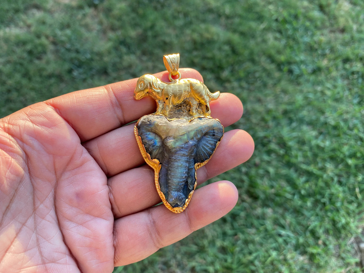 Handcrafted Elephant Head Labradorite Pendant, Non Tarnish Brushed Gold Overlay, Elephant Pendant, Animal Pendant, Unique Carving Jewelry