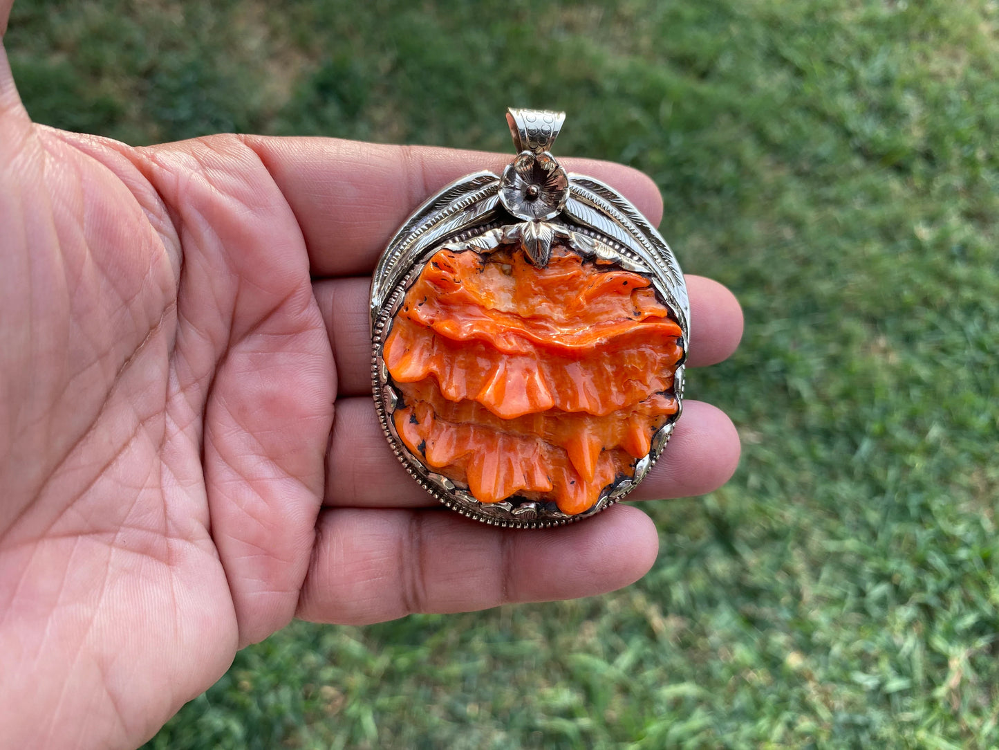 Handcrafted Large Spiny Oyster Tibetan Silver Pendant, Nature Crafted, Desert Sea Gem, Oceanic Ornament, Ocean Jewel, Ocean Inspired Jewelry