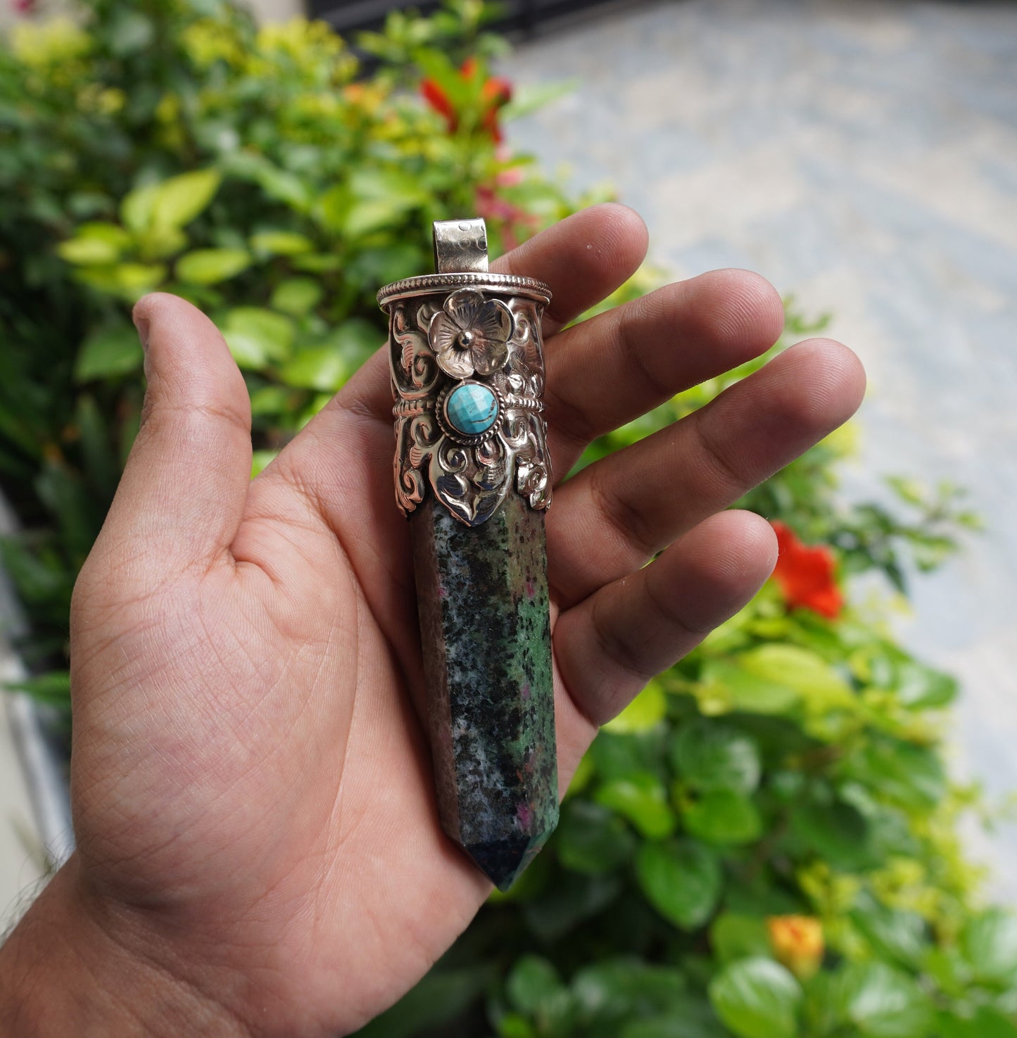 Handcrafted Natural African Ruby Zoisite Pendant with Turquoise Highlights for Daily Wear, Natural Gemstone Pendant, Pointed pendant