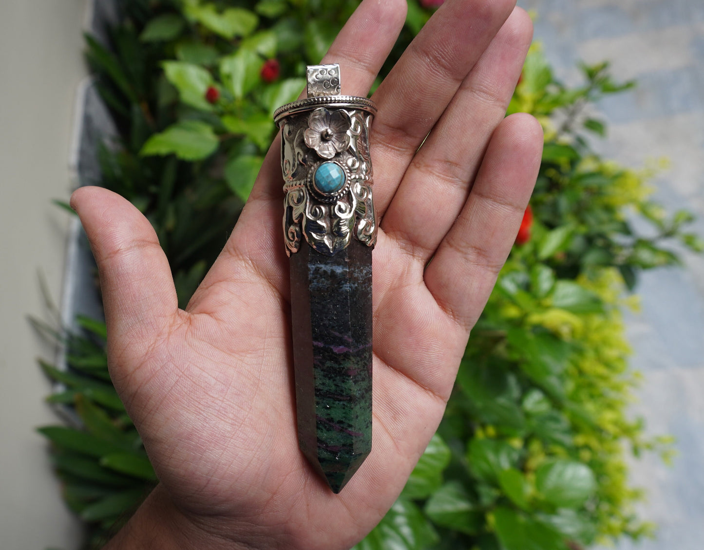 Handcrafted Natural African Ruby Zoisite Pendant with Turquoise Highlights for Daily Wear, Natural Gemstone Pendant, Pointed pendant