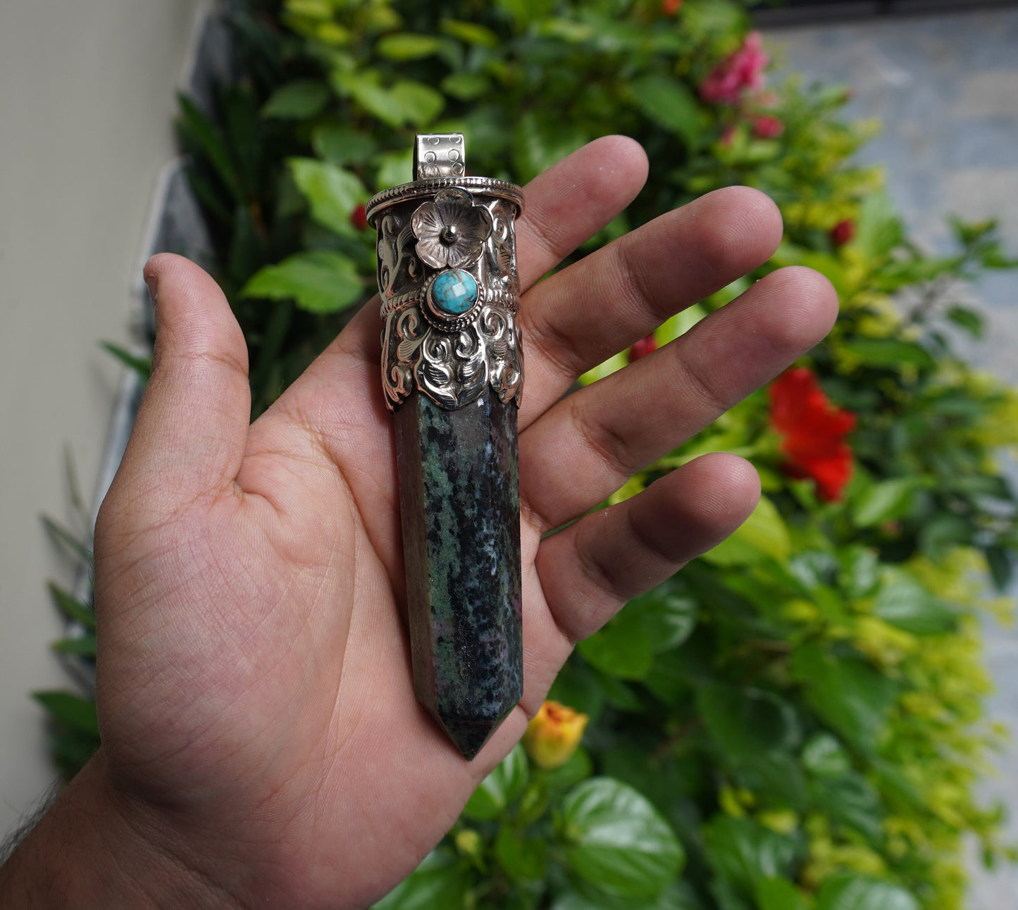 Handcrafted Natural African Ruby Zoisite Pendant with Turquoise Highlights for Daily Wear, Natural Gemstone Pendant, Pointed pendant