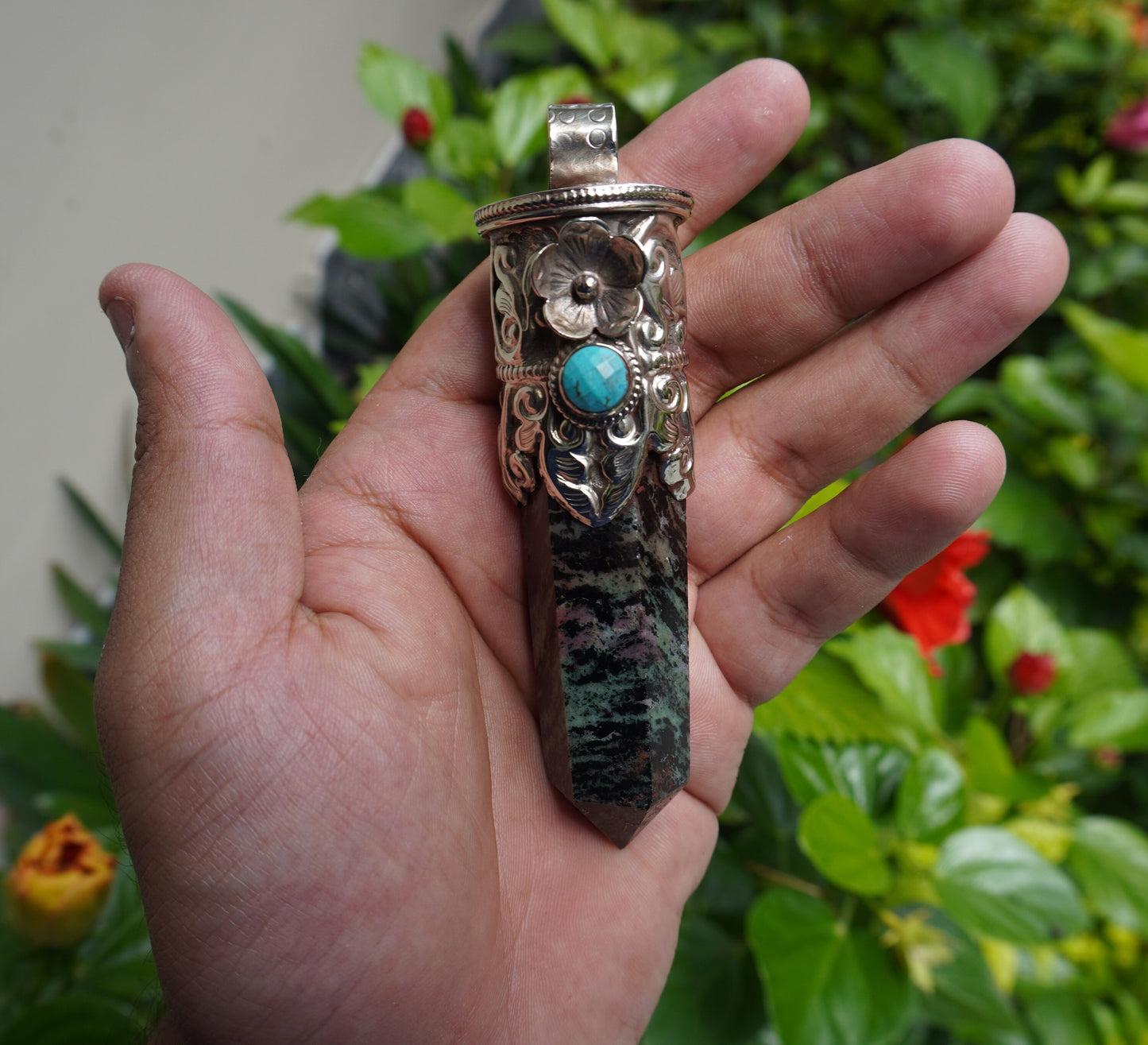 Handcrafted Natural African Ruby Zoisite Pendant with Turquoise Highlights for Daily Wear, Natural Gemstone Pendant, Pointed pendant