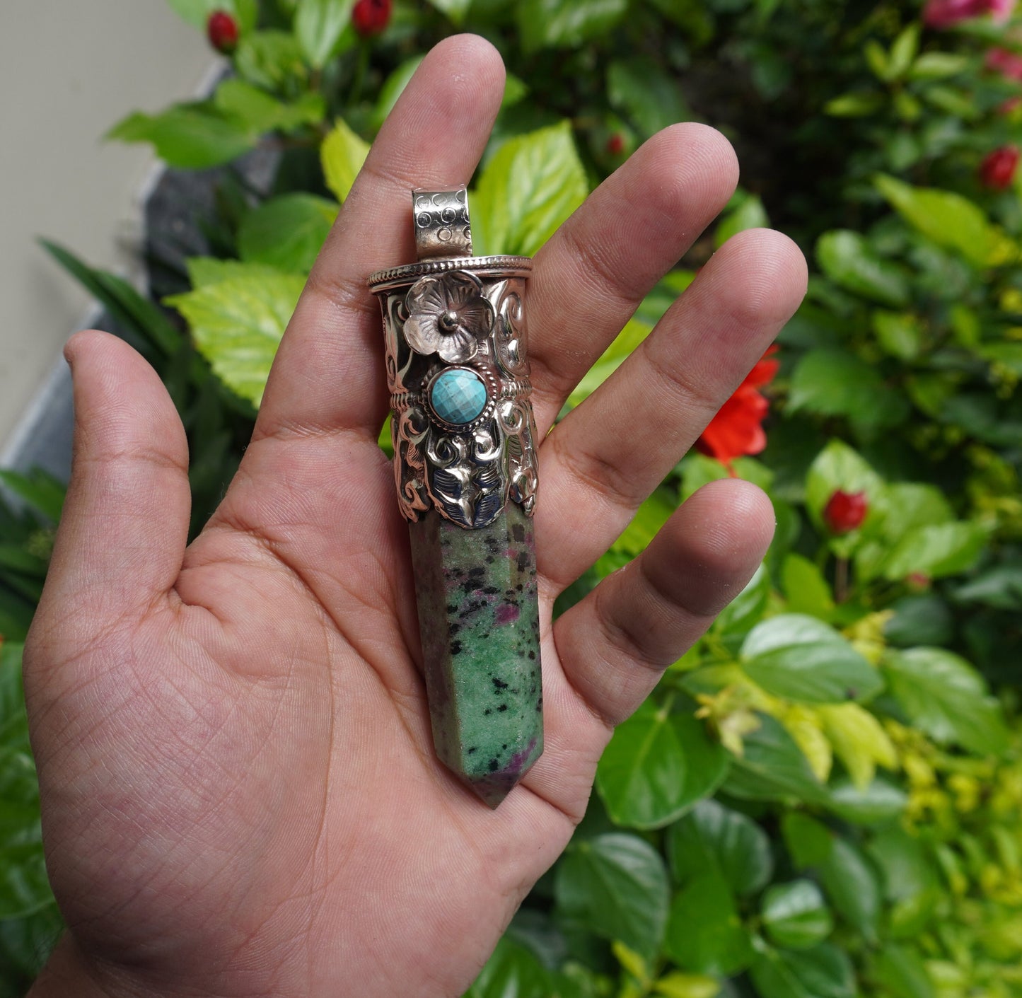 Handcrafted Natural African Ruby Zoisite Pendant with Turquoise Highlights for Daily Wear, Natural Gemstone Pendant, Pointed pendant