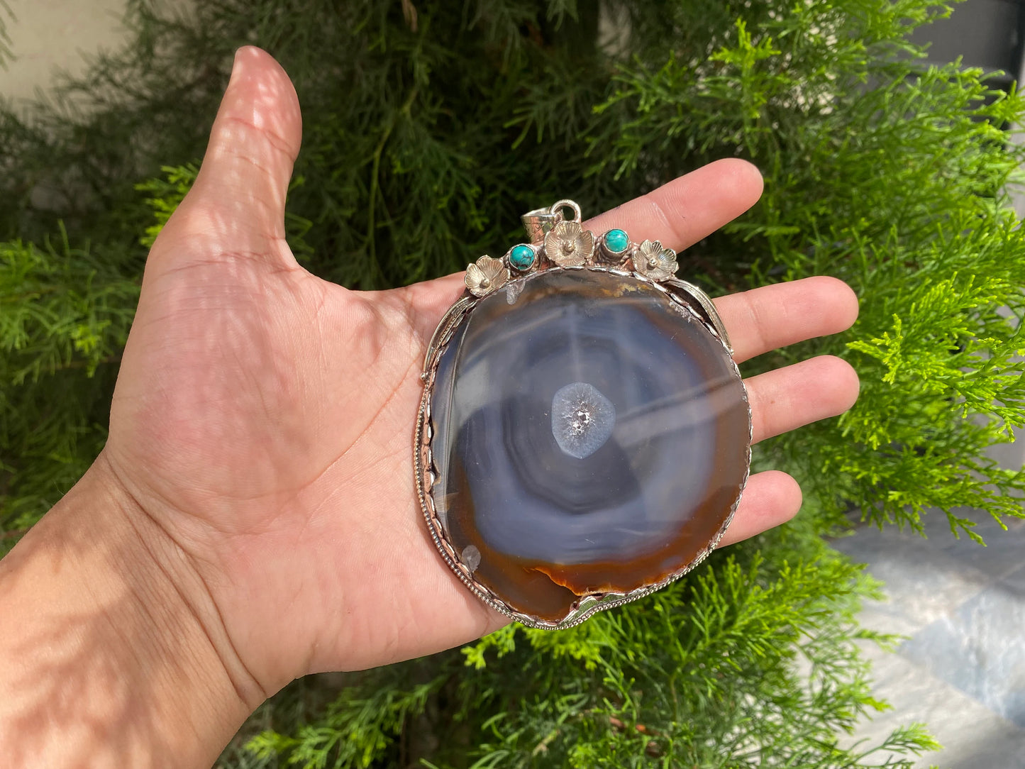 Handcrafted Natural Agate Pendant with Tibetan Silver in Earthy Brown and Dark Blue Tones, Artisan Natural Agate Stone Pendant.