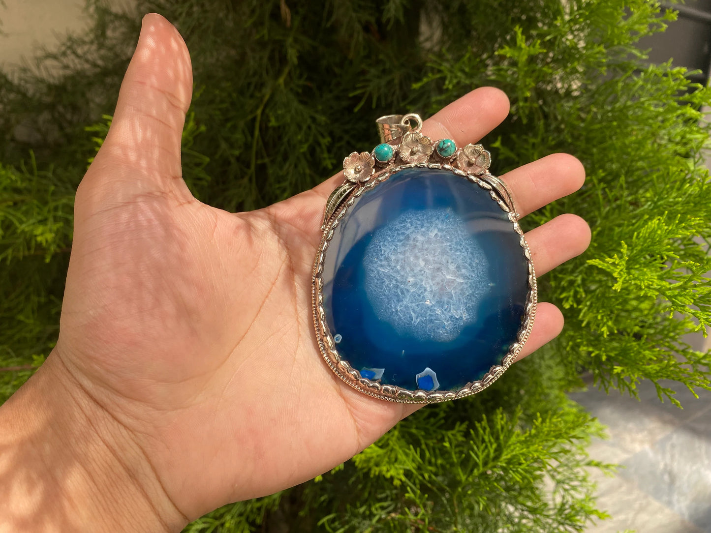 Handcrafted Natural Agate Pendant with Tibetan Silver in Earthy Brown and Dark Blue Tones, Artisan Natural Agate Stone Pendant.