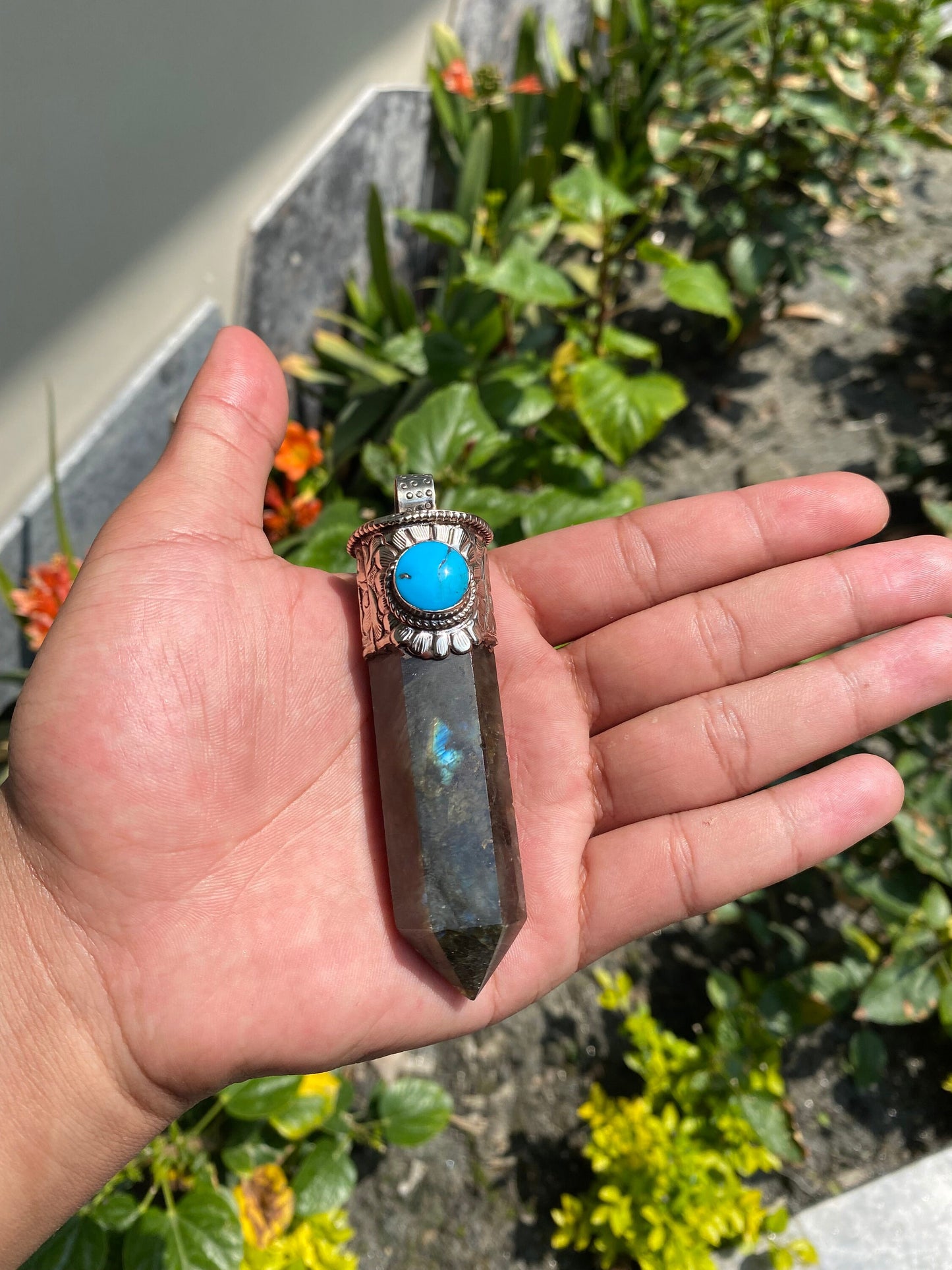 Pointed Labradorite or Prehnite with Turquoise Tibetan Silver Pendent , Handcrafted Pointed Labradorite and Prehnite for Necklace.