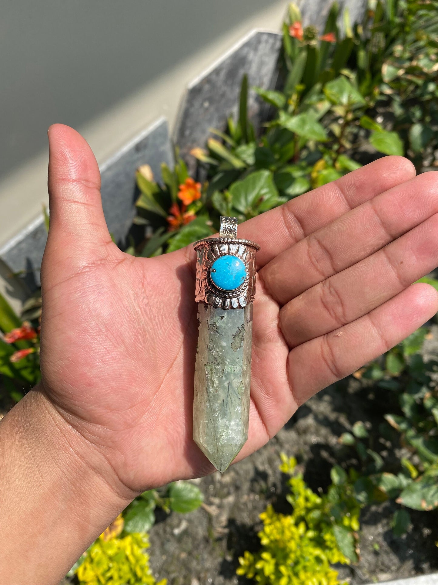 Pointed Labradorite or Prehnite with Turquoise Tibetan Silver Pendent , Handcrafted Pointed Labradorite and Prehnite for Necklace.