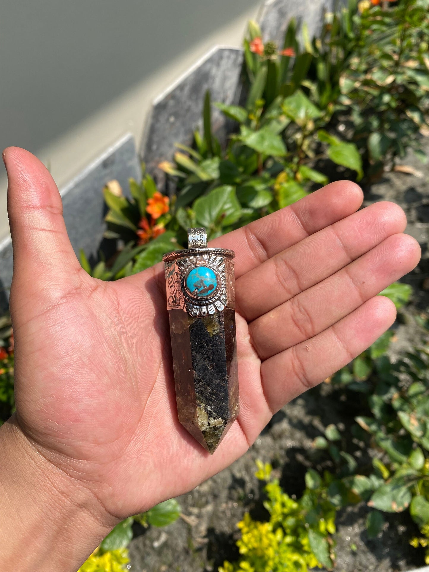 Pointed Labradorite or Prehnite with Turquoise Tibetan Silver Pendent , Handcrafted Pointed Labradorite and Prehnite for Necklace.