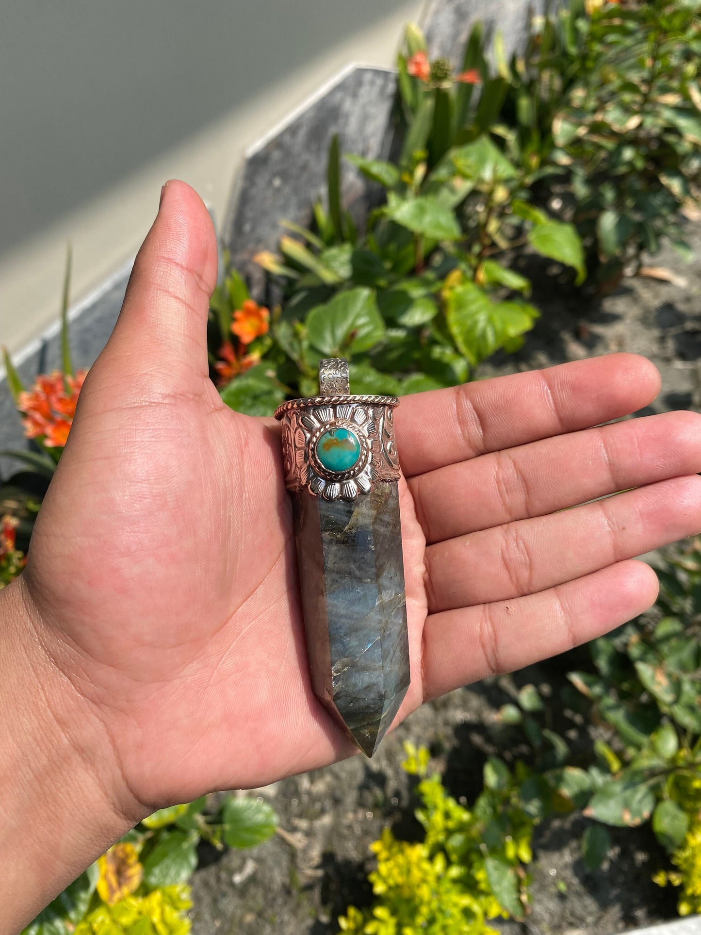 Pointed Labradorite or Prehnite with Turquoise Tibetan Silver Pendent , Handcrafted Pointed Labradorite and Prehnite for Necklace.