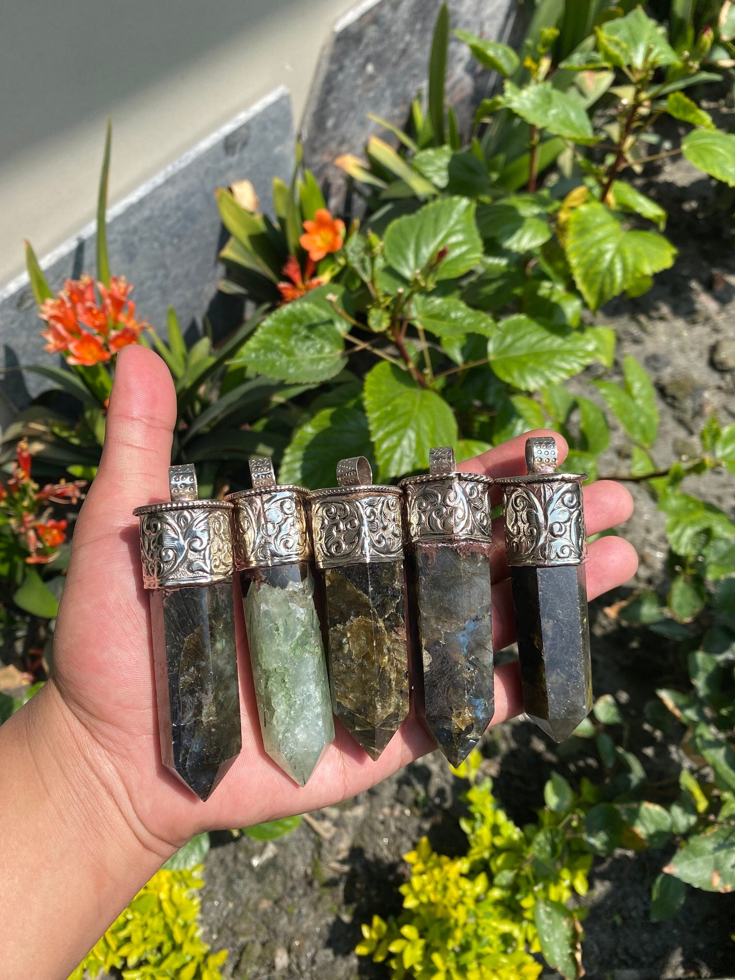 Pointed Labradorite or Prehnite with Turquoise Tibetan Silver Pendent , Handcrafted Pointed Labradorite and Prehnite for Necklace.