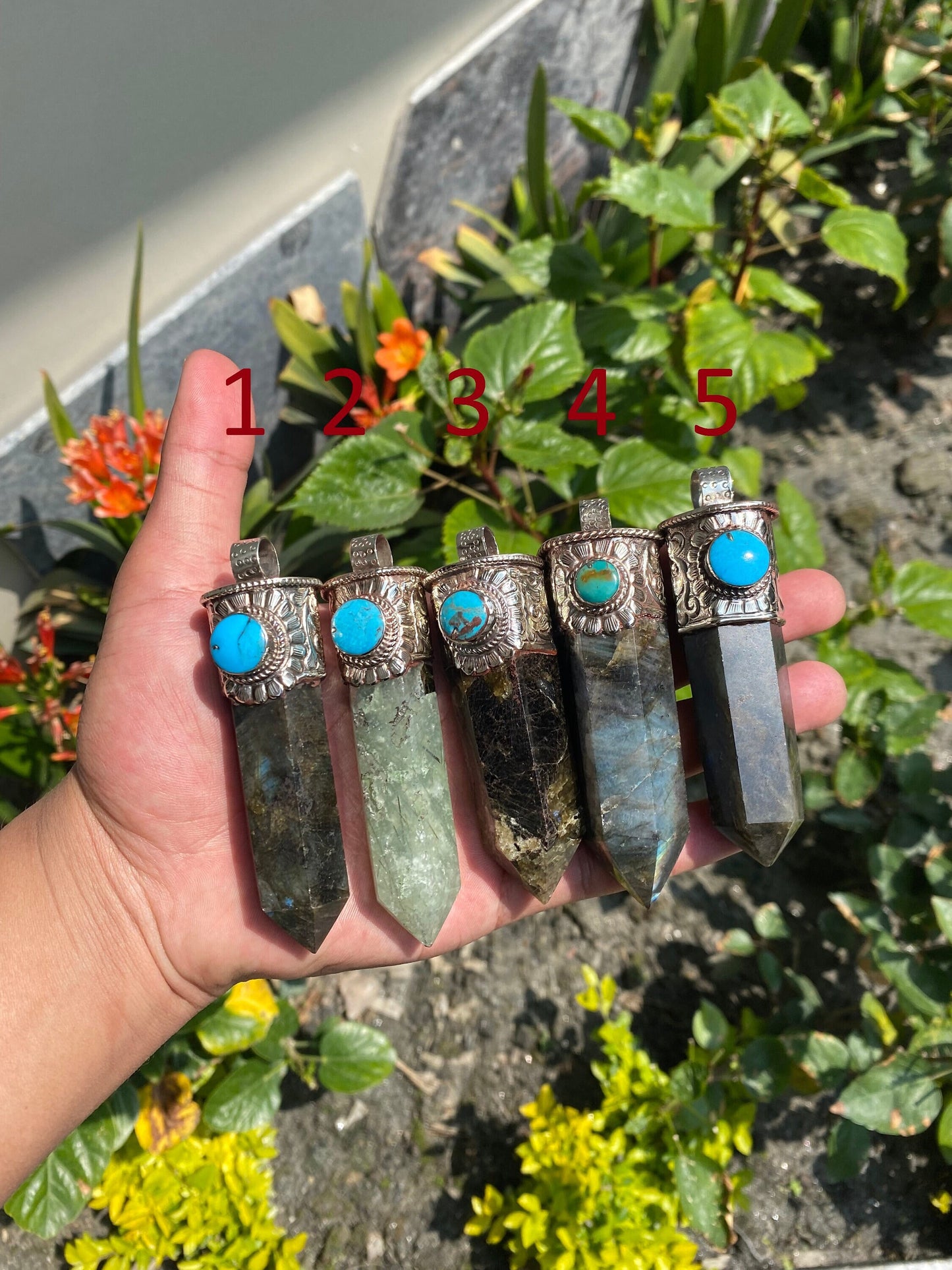 Pointed Labradorite or Prehnite with Turquoise Tibetan Silver Pendent , Handcrafted Pointed Labradorite and Prehnite for Necklace.