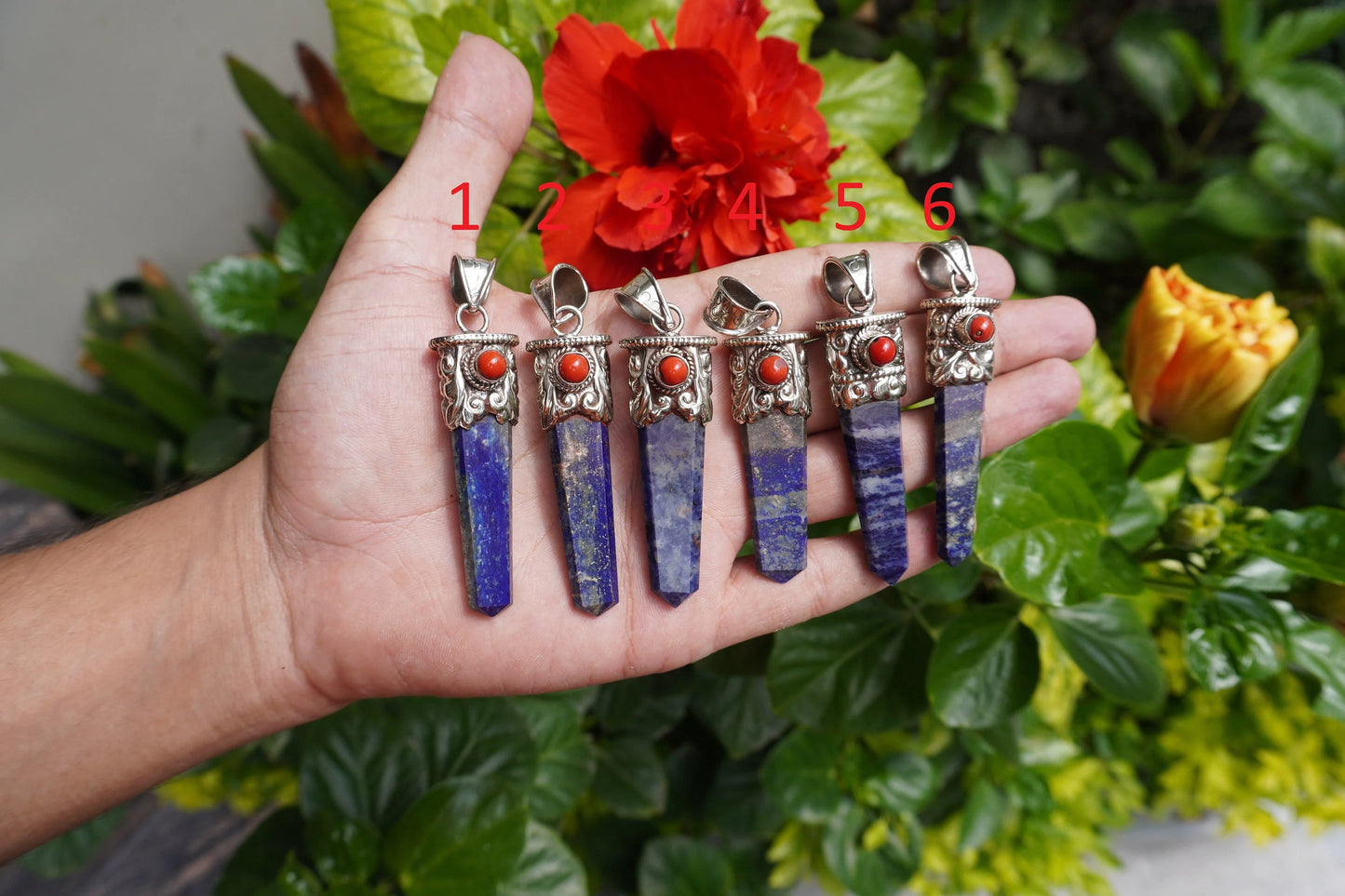 Handcrafted Pointed Lapis Lazuli with Natural Red Coral Pendant | Tibetan Silver Pendant, Natural Gemstone Handmade Jewelry, Jewelry Gift