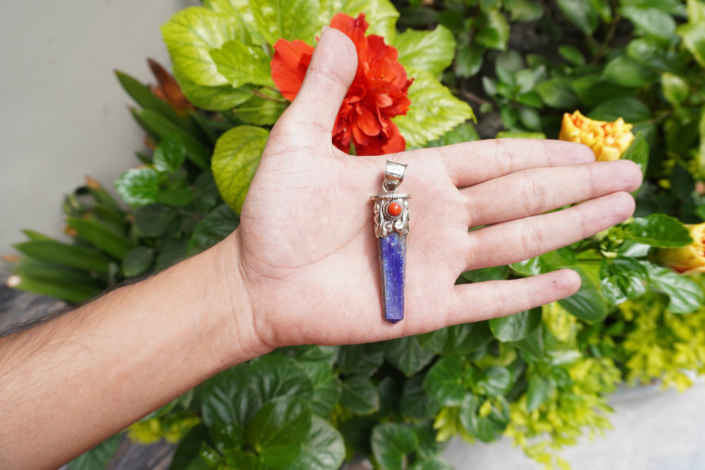 Handcrafted Pointed Lapis Lazuli with Natural Red Coral Pendant | Tibetan Silver Pendant, Natural Gemstone Handmade Jewelry, Jewelry Gift
