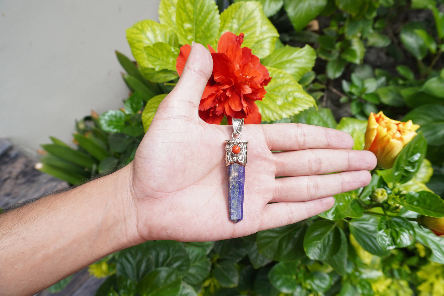 Handcrafted Pointed Lapis Lazuli with Natural Red Coral Pendant | Tibetan Silver Pendant, Natural Gemstone Handmade Jewelry, Jewelry Gift
