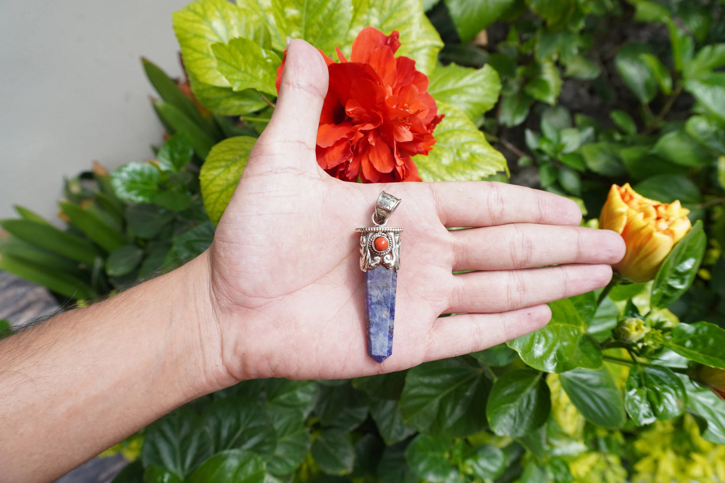 Handcrafted Pointed Lapis Lazuli with Natural Red Coral Pendant | Tibetan Silver Pendant, Natural Gemstone Handmade Jewelry, Jewelry Gift