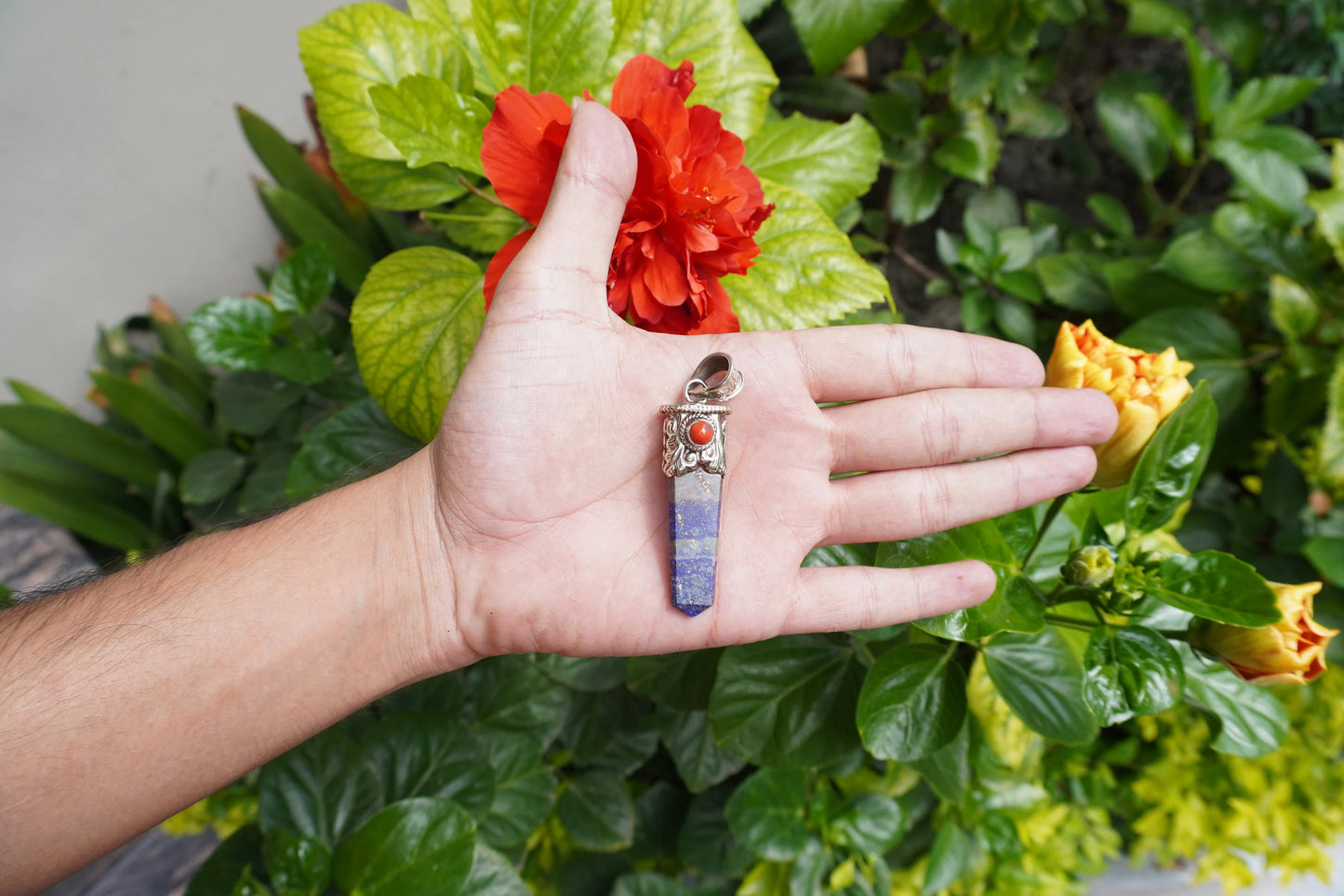 Handcrafted Pointed Lapis Lazuli with Natural Red Coral Pendant | Tibetan Silver Pendant, Natural Gemstone Handmade Jewelry, Jewelry Gift