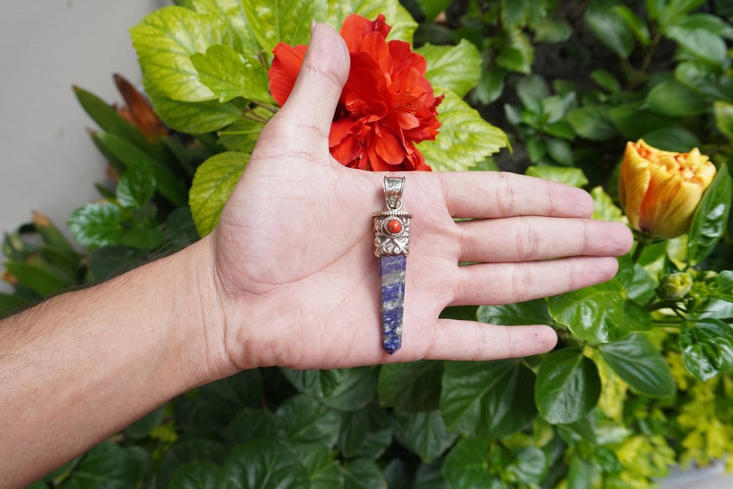 Handcrafted Pointed Lapis Lazuli with Natural Red Coral Pendant | Tibetan Silver Pendant, Natural Gemstone Handmade Jewelry, Jewelry Gift