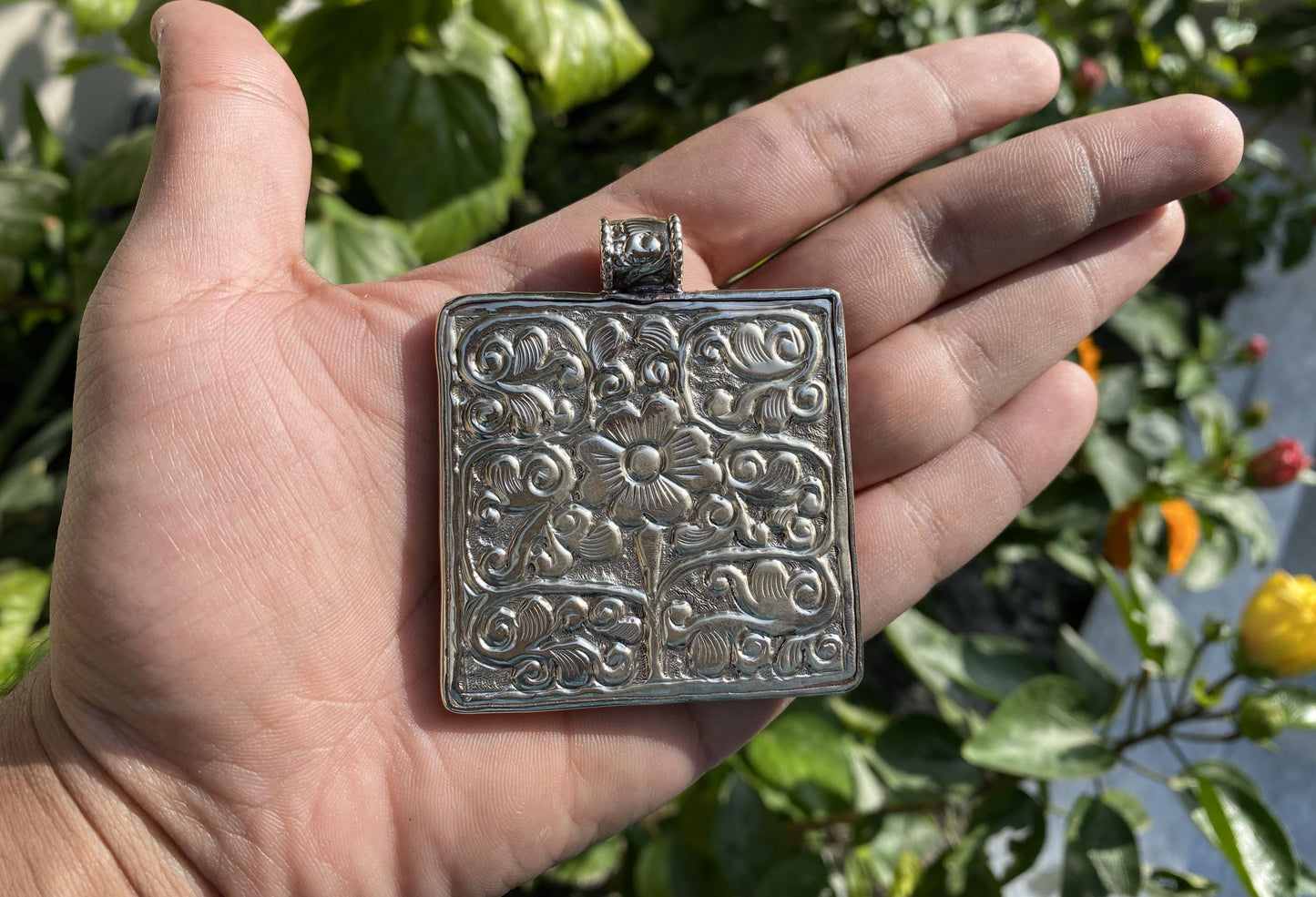 Handcrafted Square Elephant Carving pendant in Tibetan Silver | Intricate Nature-inspired Jewelry, Unique Animal Lover's Pendant, Daily wear