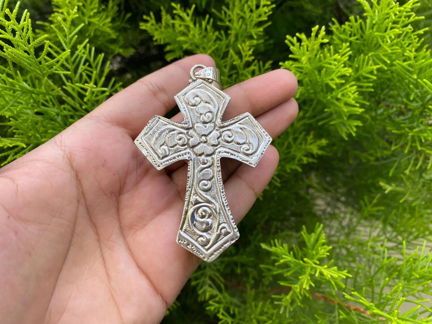 Handcrafted Tibetan Silver Cross Pendant with Moonstone and Smoky Quartz Gemstones | Christian Religious, Catholic Jewelry, Christ Inspired