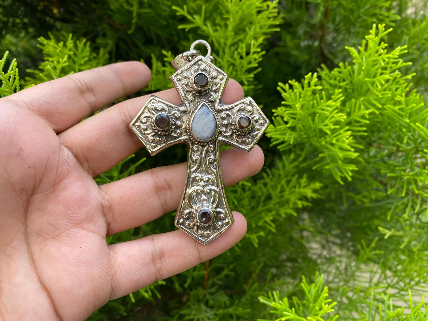 Handcrafted Tibetan Silver Cross Pendant with Moonstone and Smoky Quartz Gemstones | Christian Religious, Catholic Jewelry, Christ Inspired