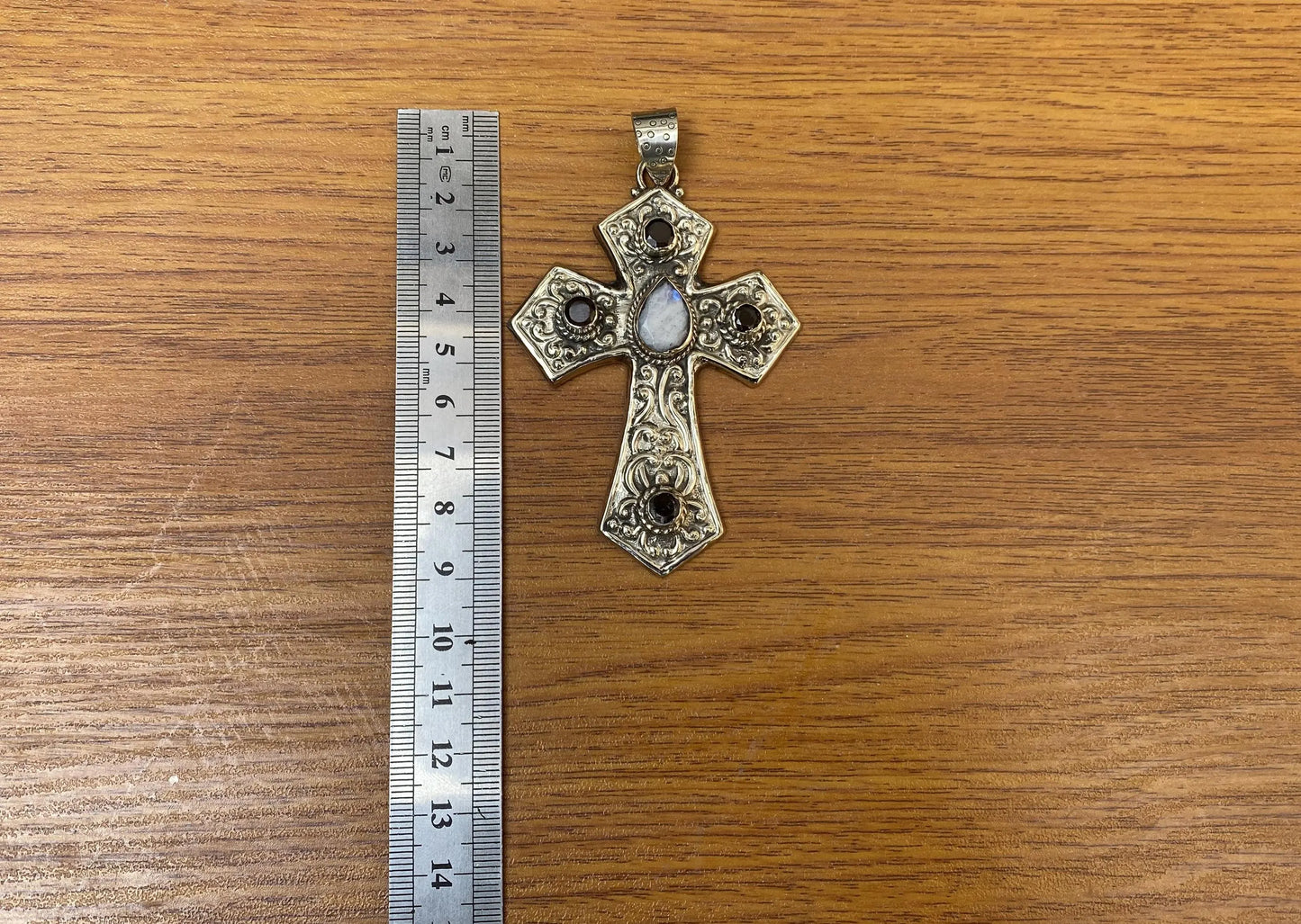 Handcrafted Tibetan Silver Cross Pendant with Moonstone and Smoky Quartz Gemstones | Christian Religious, Catholic Jewelry, Christ Inspired