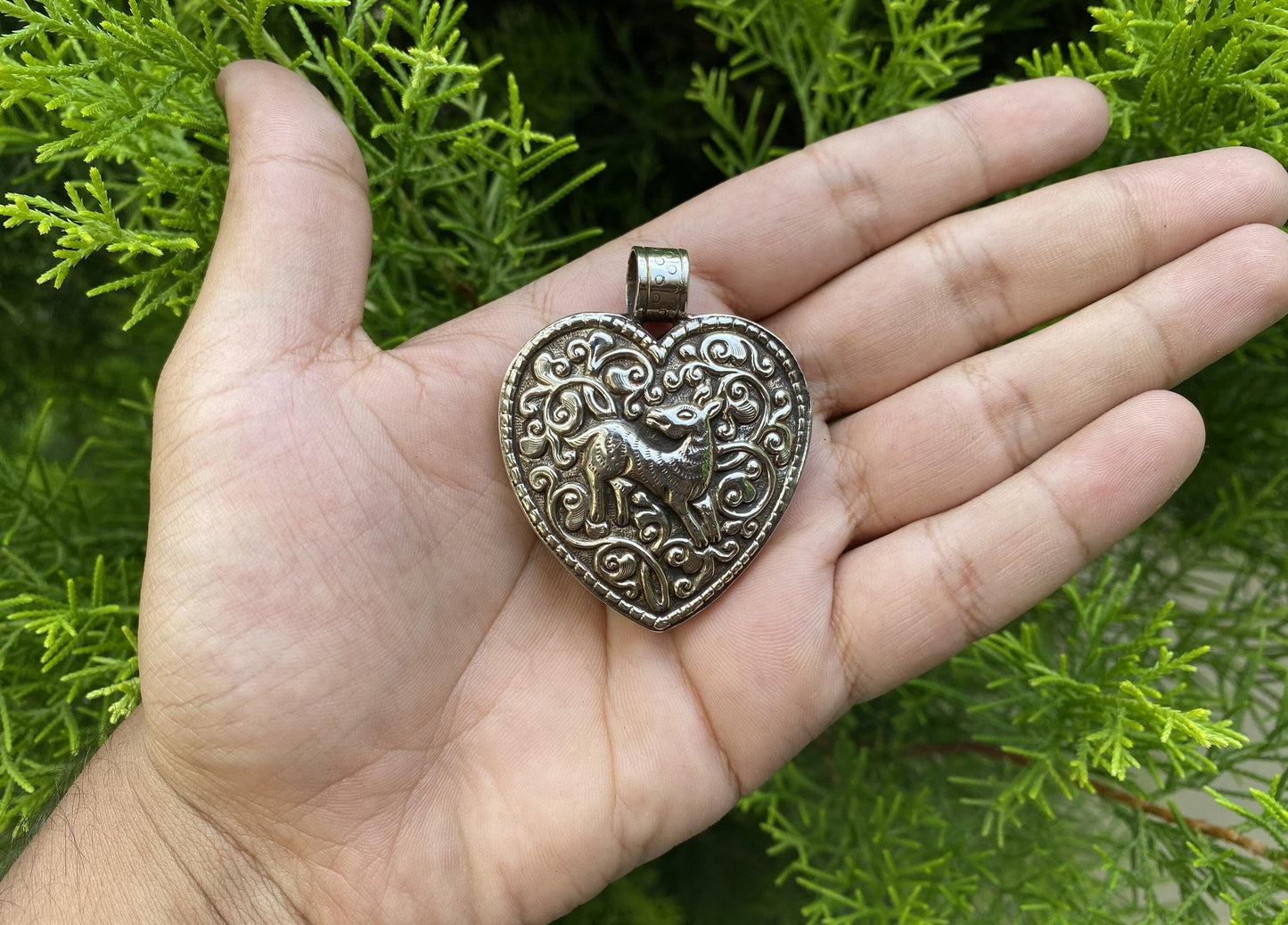 Handcrafted Tibetan Silver Heart Pendant with Carved Deer and Floral Design | Pendant for Necklace, Unique Bohemian Jewelry, Daily wear