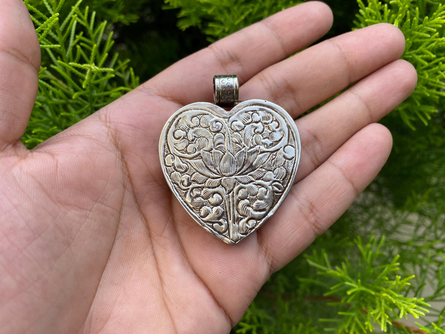 Handcrafted Tibetan Silver Heart Pendant with Carved Deer and Floral Design | Pendant for Necklace, Unique Bohemian Jewelry, Daily wear