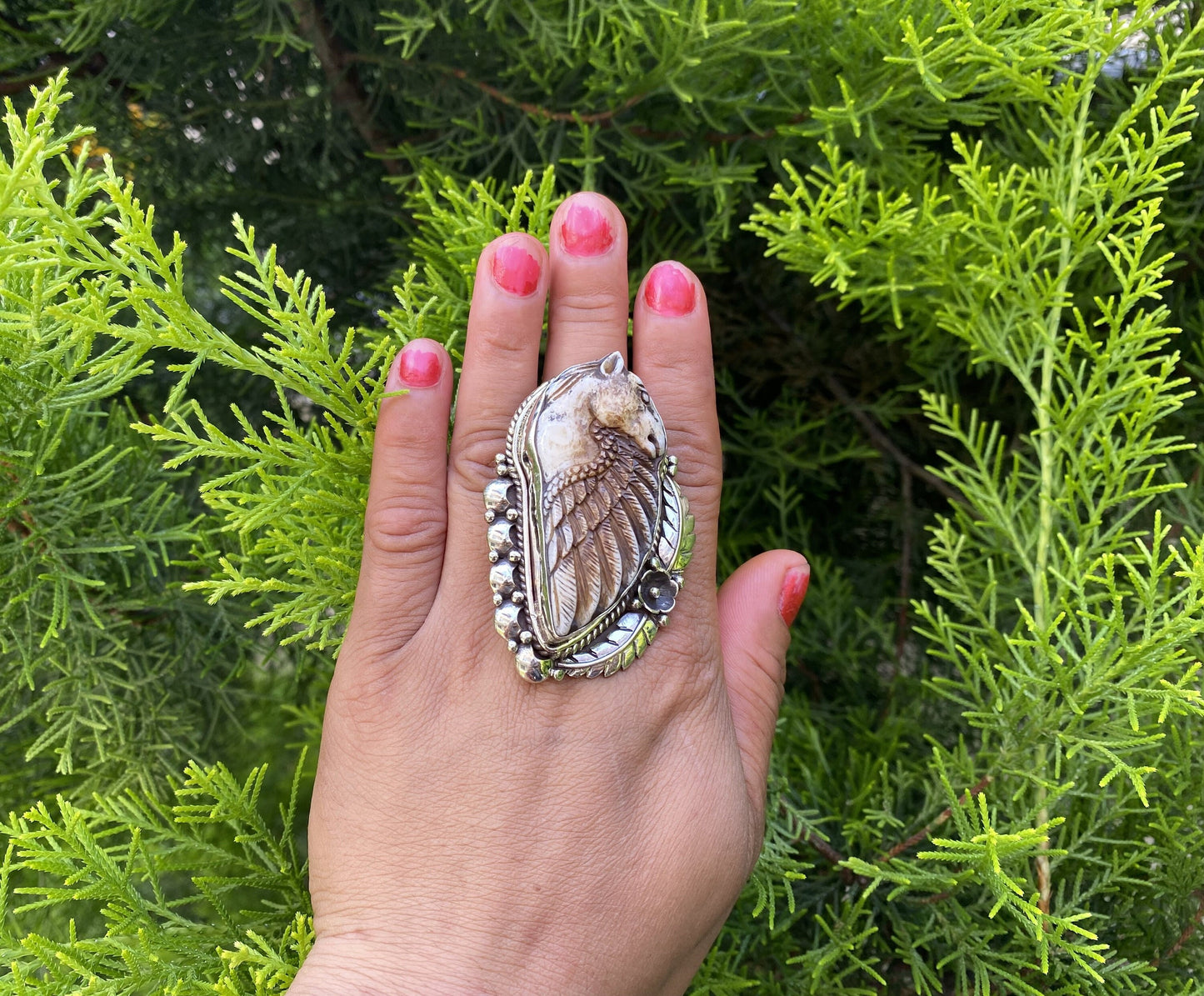 Handcrafted Tibetan Silver Horse Face and Angel Wing Buffalo Bone Ring | Symbol of Freedom & Protection Unique Gift for Animal Lovers