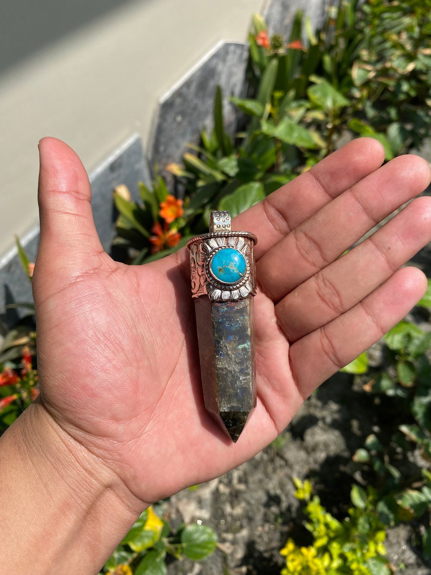 Handcrafted pointed Labradorite and Prehnite, Pointed Labradorite & Prehnite Fusion with Turquoise, Tibetan Silver Pendant