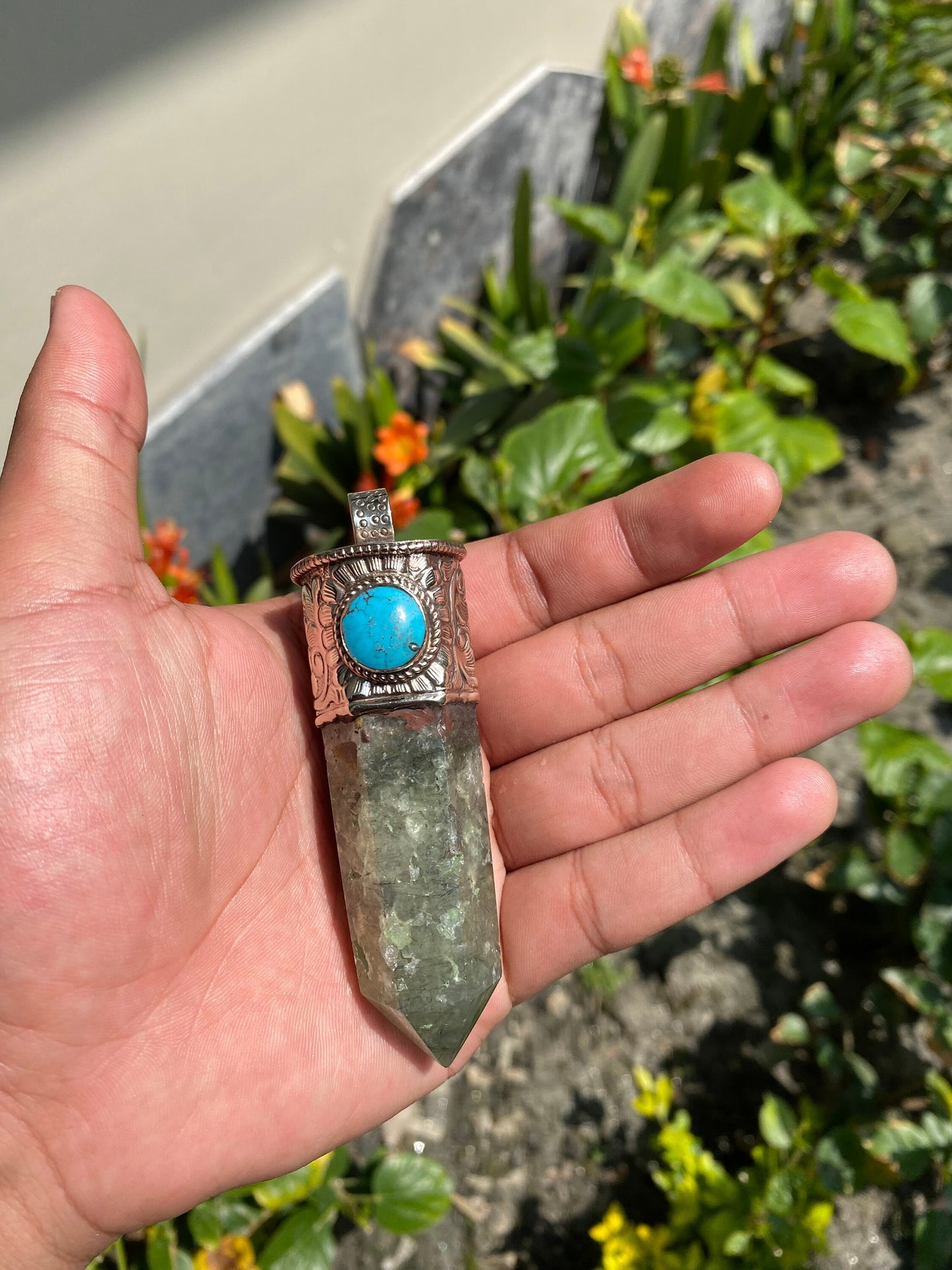 Handcrafted pointed Labradorite and Prehnite, Pointed Labradorite & Prehnite Fusion with Turquoise, Tibetan Silver Pendant