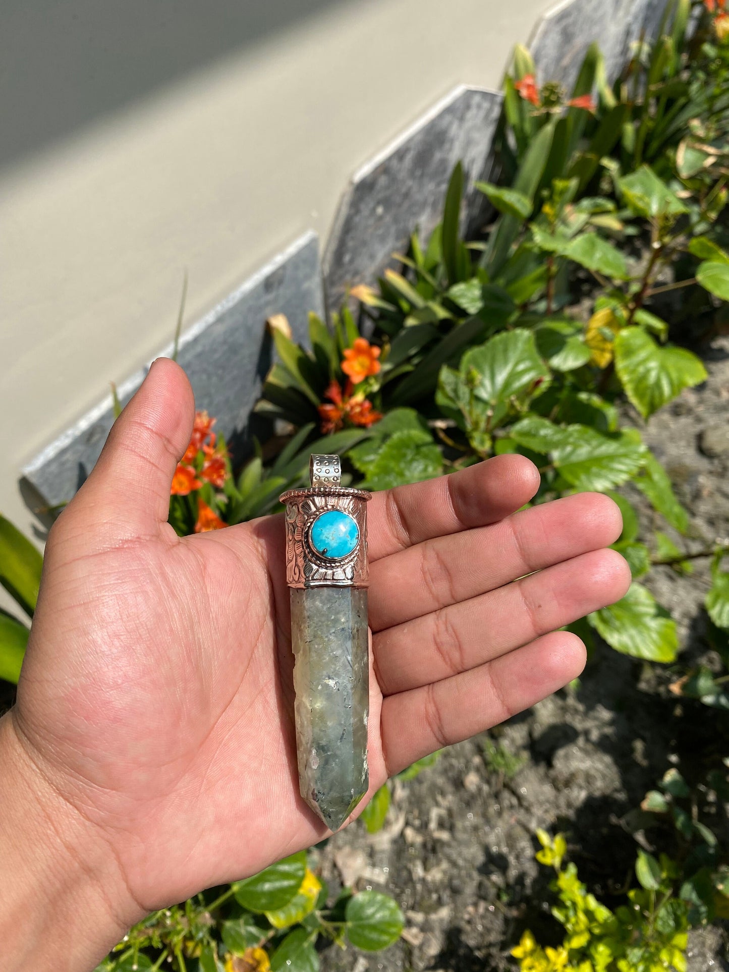 Handcrafted pointed Labradorite and Prehnite, Pointed Labradorite & Prehnite Fusion with Turquoise, Tibetan Silver Pendant