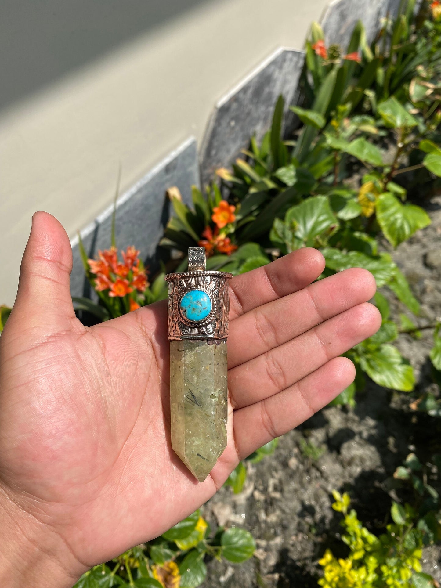 Handcrafted pointed Labradorite and Prehnite, Pointed Labradorite & Prehnite Fusion with Turquoise, Tibetan Silver Pendant