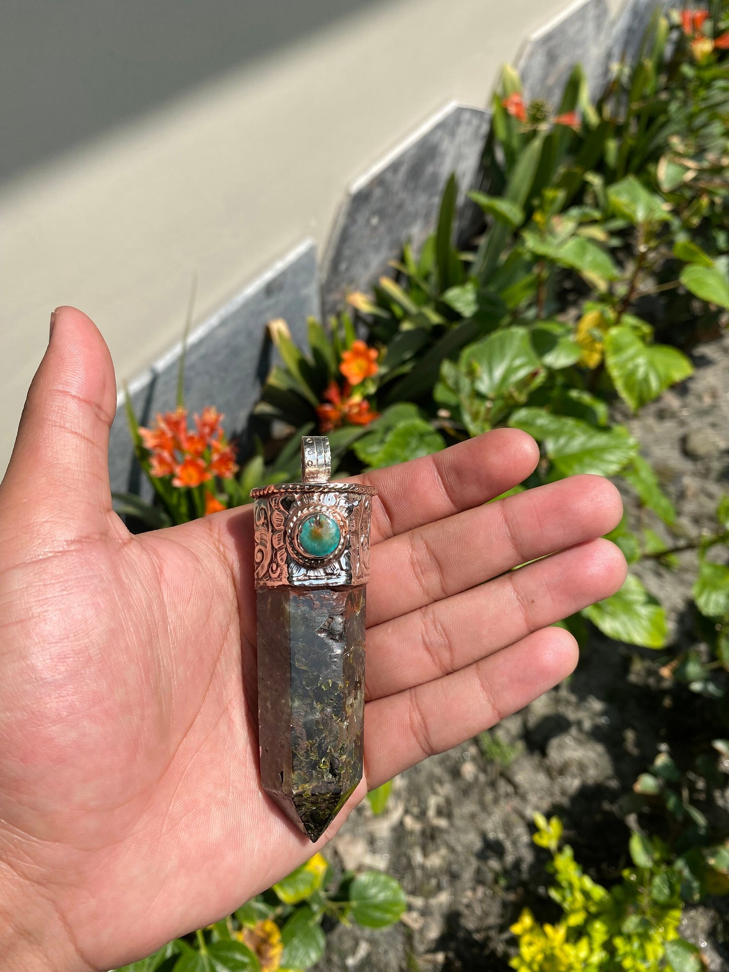 Handcrafted pointed Labradorite and Prehnite, Pointed Labradorite & Prehnite Fusion with Turquoise, Tibetan Silver Pendant