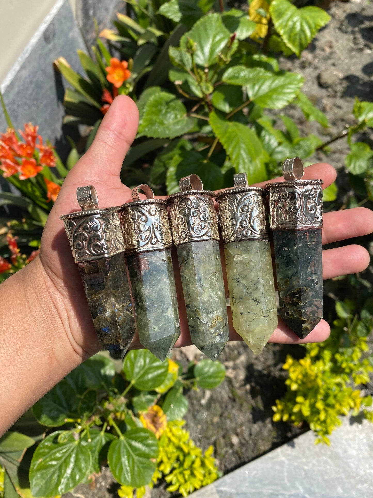 Handcrafted pointed Labradorite and Prehnite, Pointed Labradorite & Prehnite Fusion with Turquoise, Tibetan Silver Pendant