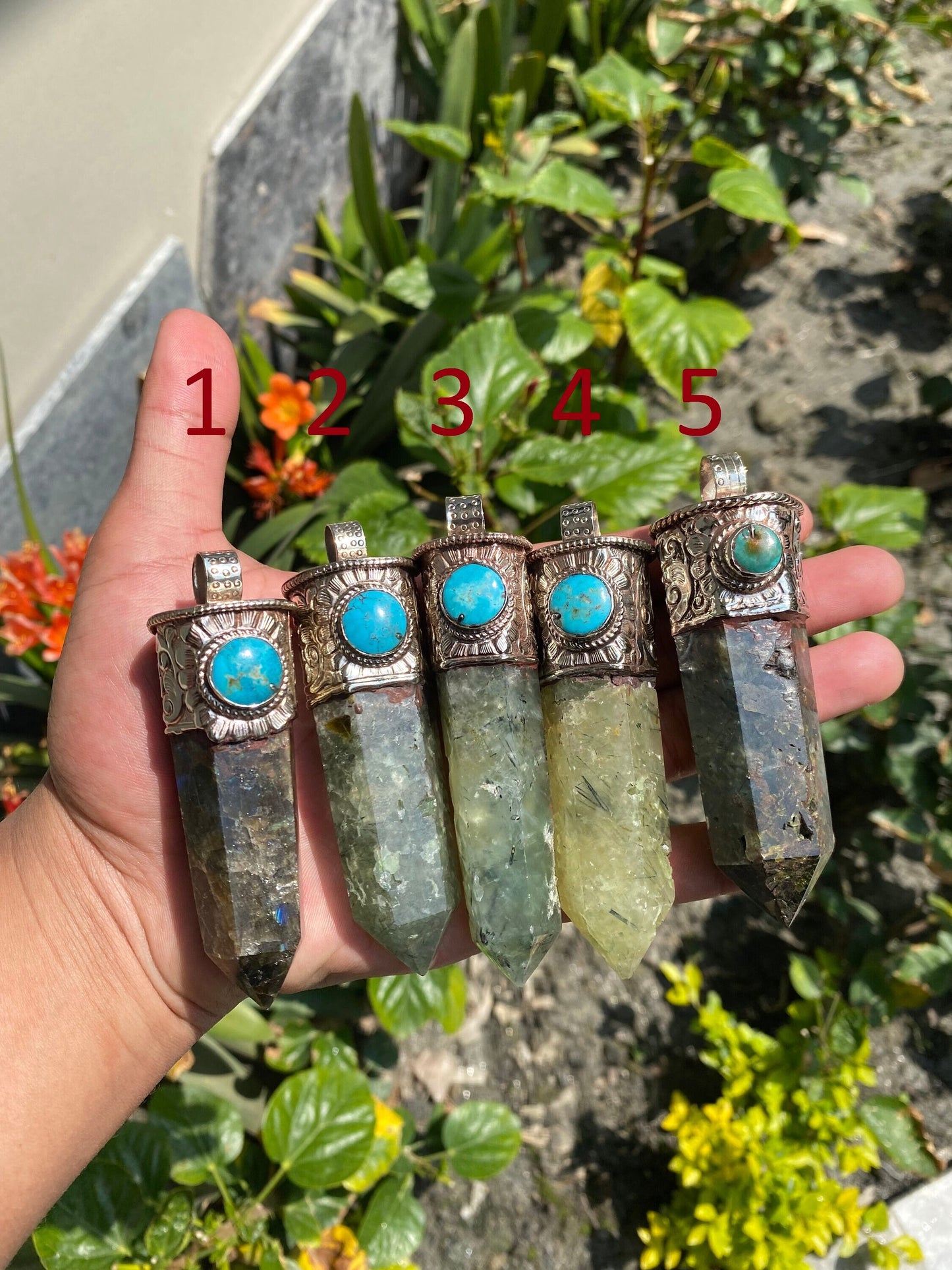 Handcrafted pointed Labradorite and Prehnite, Pointed Labradorite & Prehnite Fusion with Turquoise, Tibetan Silver Pendant