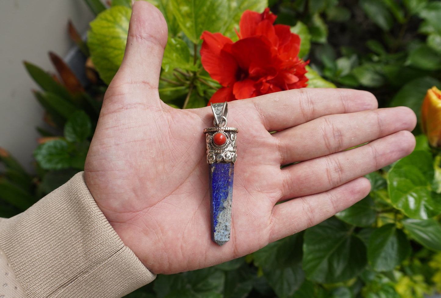 Handcrafted pointed Lapis Lazuli with Natural Red Coral Tibetan Silver Pendant | Calming Pendant,Pendant for Necklace, Natural Stone Jewelry
