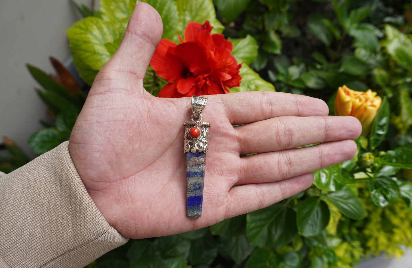 Handcrafted pointed Lapis Lazuli with Natural Red Coral Tibetan Silver Pendant | Calming Pendant,Pendant for Necklace, Natural Stone Jewelry