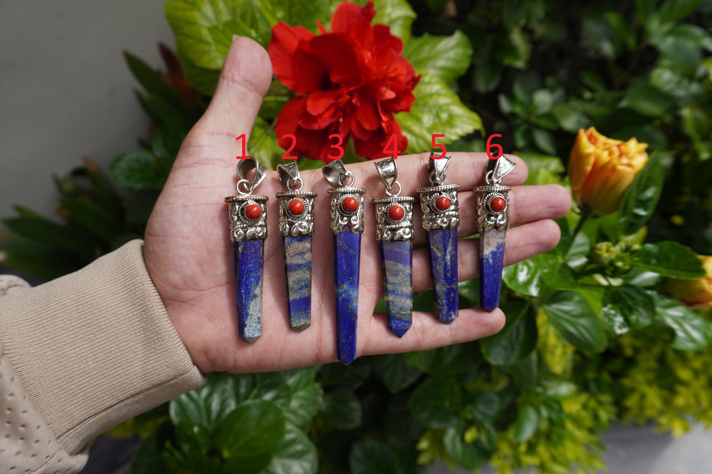 Handcrafted pointed Lapis Lazuli with Natural Red Coral Tibetan Silver Pendant | Calming Pendant,Pendant for Necklace, Natural Stone Jewelry