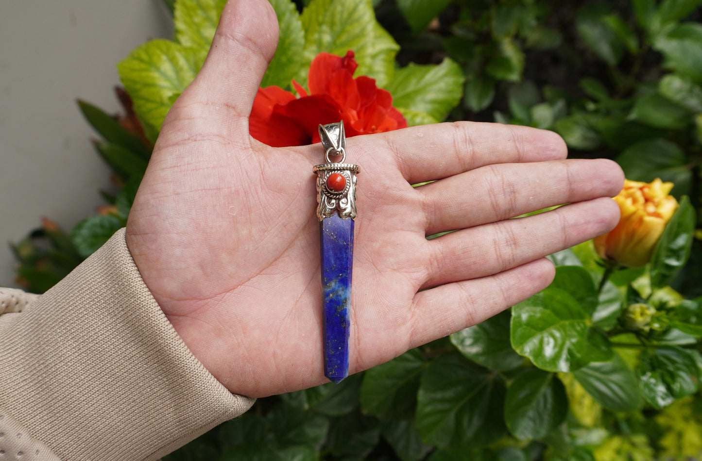 Handcrafted pointed Lapis Lazuli with Natural Red Coral Tibetan Silver Pendant | Calming Pendant,Pendant for Necklace, Natural Stone Jewelry