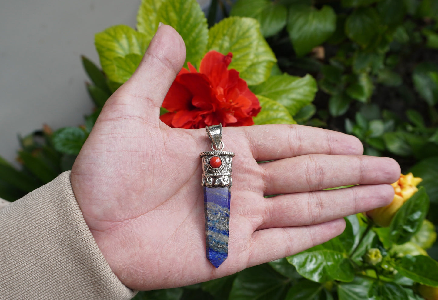Handcrafted pointed Lapis Lazuli with Natural Red Coral Tibetan Silver Pendant | Calming Pendant,Pendant for Necklace, Natural Stone Jewelry