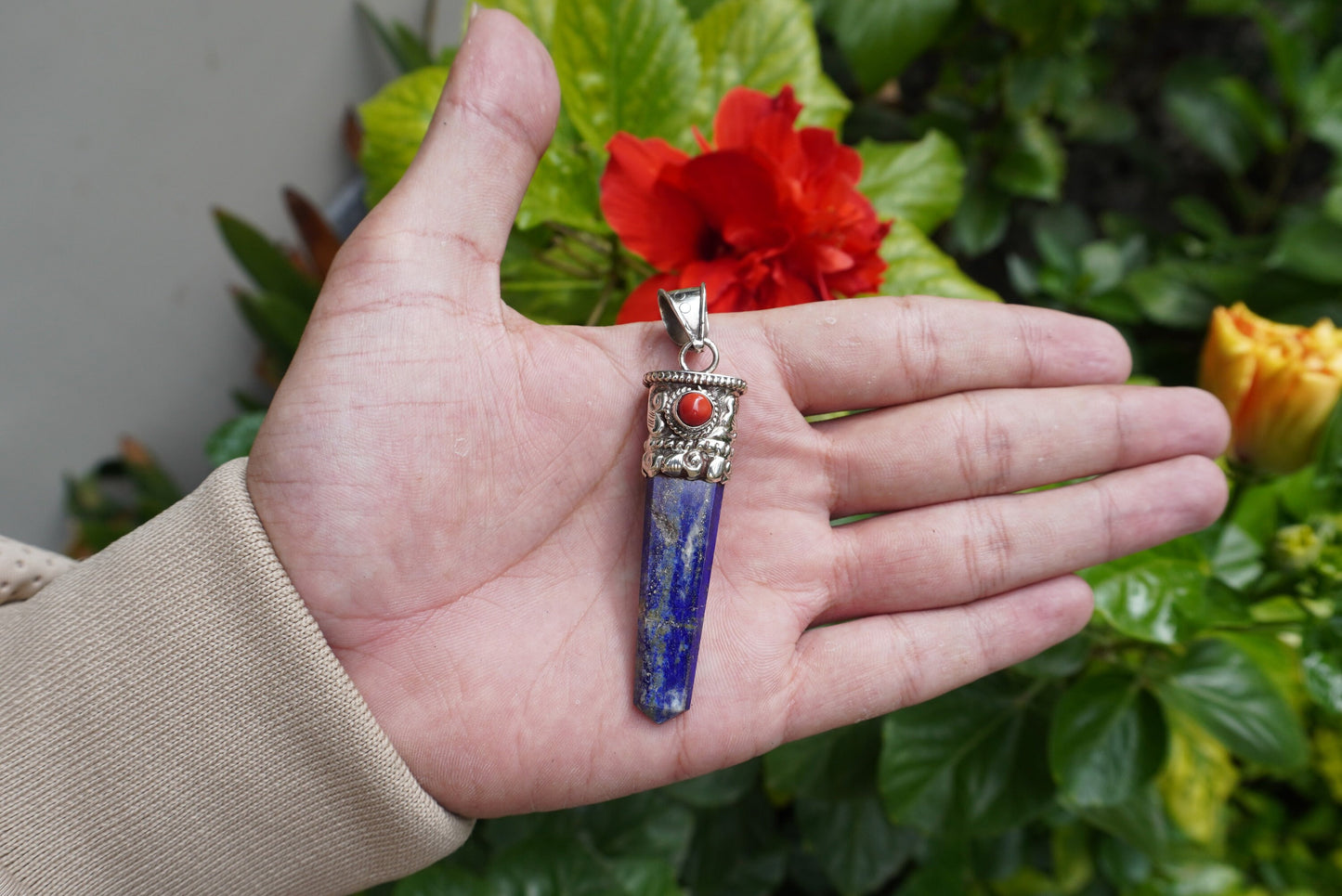 Handcrafted pointed Lapis Lazuli with Natural Red Coral Tibetan Silver Pendant | Calming Pendant,Pendant for Necklace, Natural Stone Jewelry