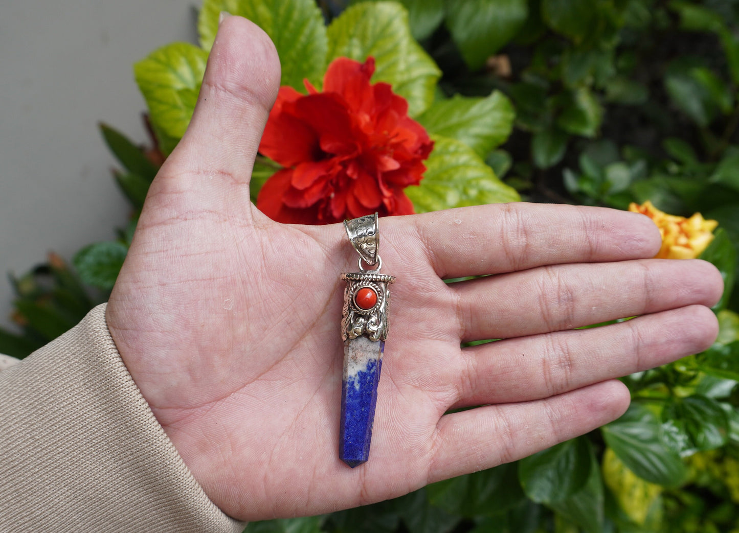 Handcrafted pointed Lapis Lazuli with Natural Red Coral Tibetan Silver Pendant | Calming Pendant,Pendant for Necklace, Natural Stone Jewelry